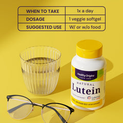 Healthy Origins Lutein bottle on a shelf with natural branding.