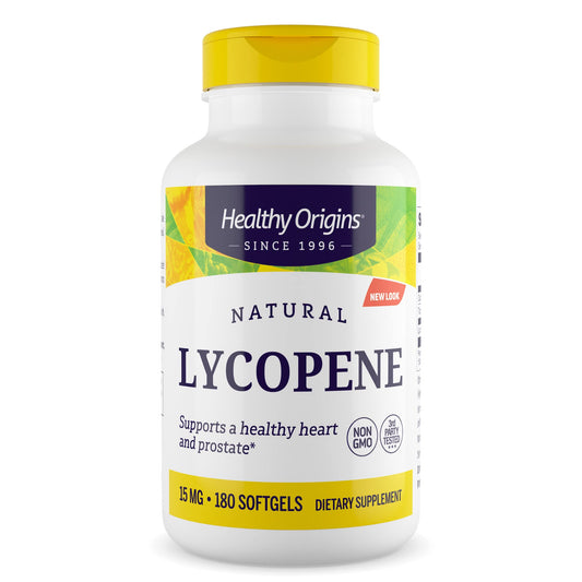 Healthy Origins Lycopene 15 mg softgel bottle on a kitchen counter for daily wellness support.