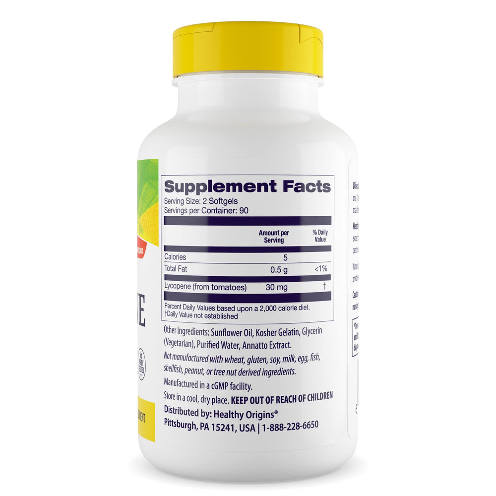 Close-up of Healthy Origins Lycopene 15 mg softgel capsules highlighting natural antioxidants.