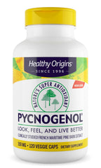 Healthy Origins Pycnogenol 150 mg bottle illustrates premium pine bark extract for antioxidant support.