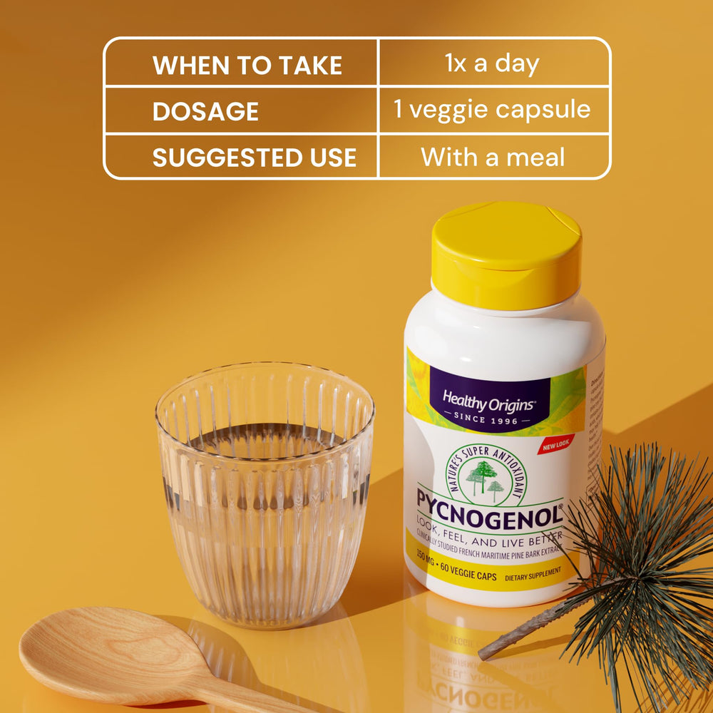 Ingredient panel highlights pine bark extract and antioxidant-rich profile from Healthy Origins Pycnogenol.