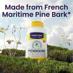 Packaging shot of Healthy Origins Pycnogenol packaging highlighting vegan, non-GMO profile.