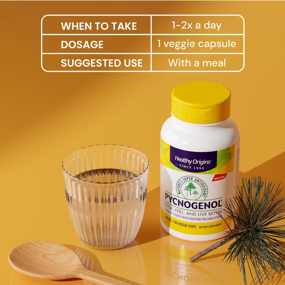 Healthy Origins Pycnogenol supplement facts panel highlighting sugar-free and dairy-free.