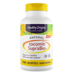 Healthy Origins Tocomin SupraBio bottle highlights full-spectrum vitamin E benefits.