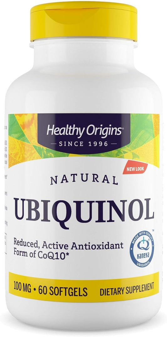 Healthy Origins Ubiquinol 100 mg bottle front with Kaneka QH labeling for energy support