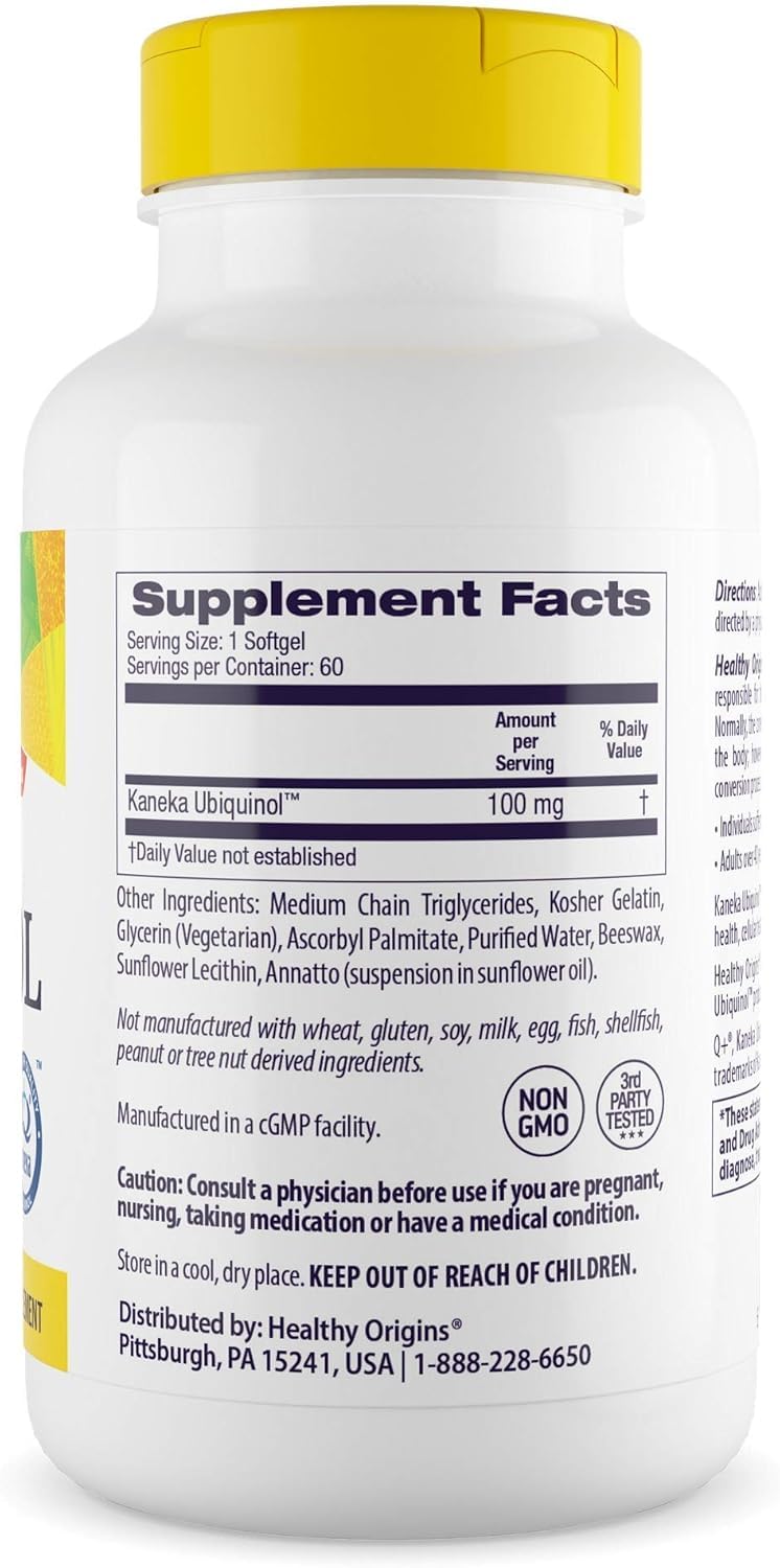 Healthy Origins Ubiquinol 100 mg softgels close-up showing capsules for daily heart support