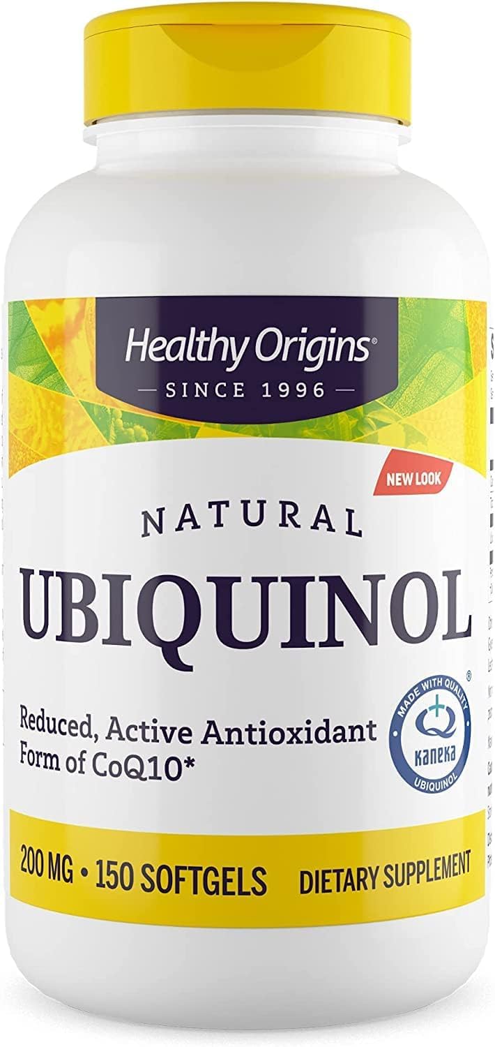 Healthy Origins Ubiquinol bottle front view highlighting heart-friendly CoQ10.
