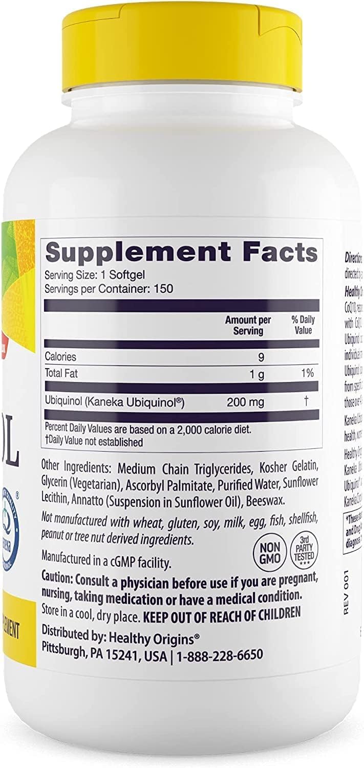 Healthy Origins Ubiquinol bottle side view showing easy-to-swallow softgels.