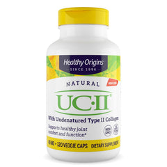 Healthy Origins UC-II bottle label highlighting undenatured Type II collagen for joint support.