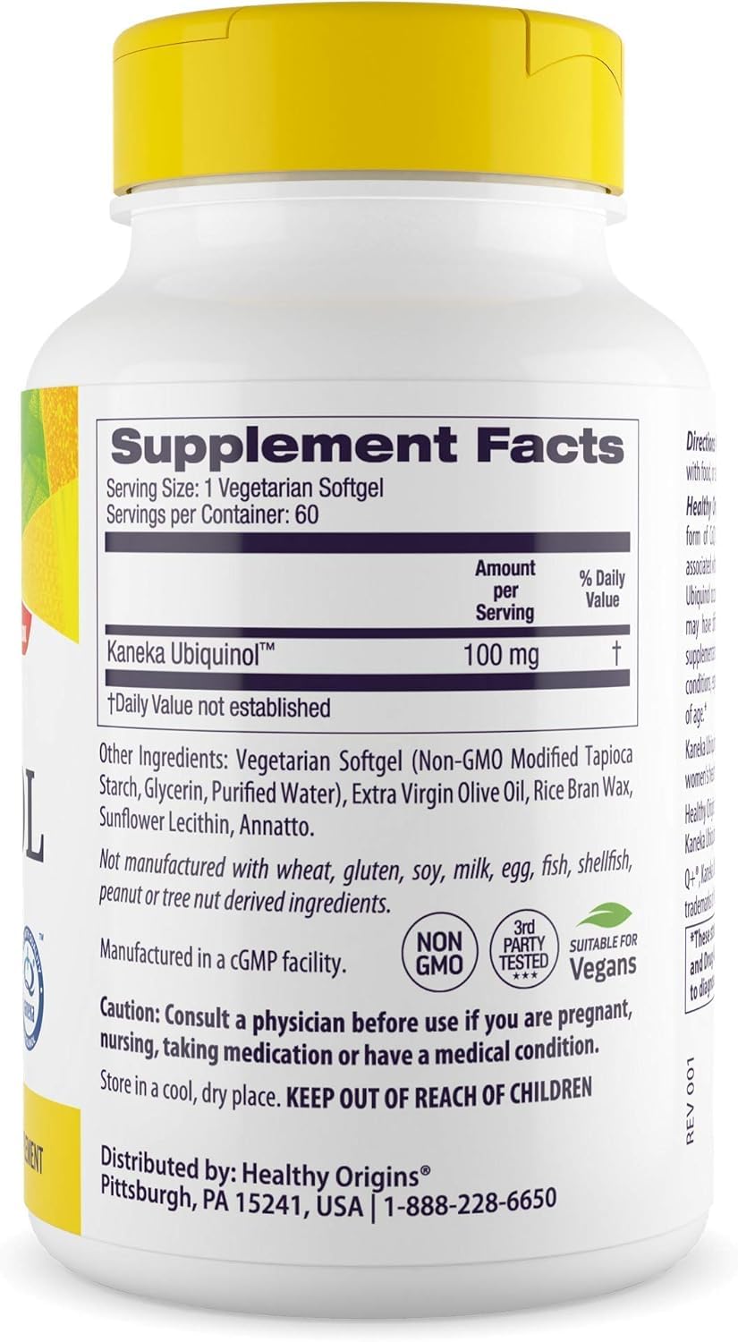 Close-up of Healthy Origins Vegan Ubiquinol cap highlighting easy-to-swallow design.