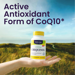 Label close-up of Healthy Origins Vegan Ubiquinol 100 mg with Kaneka ubiquinol source.