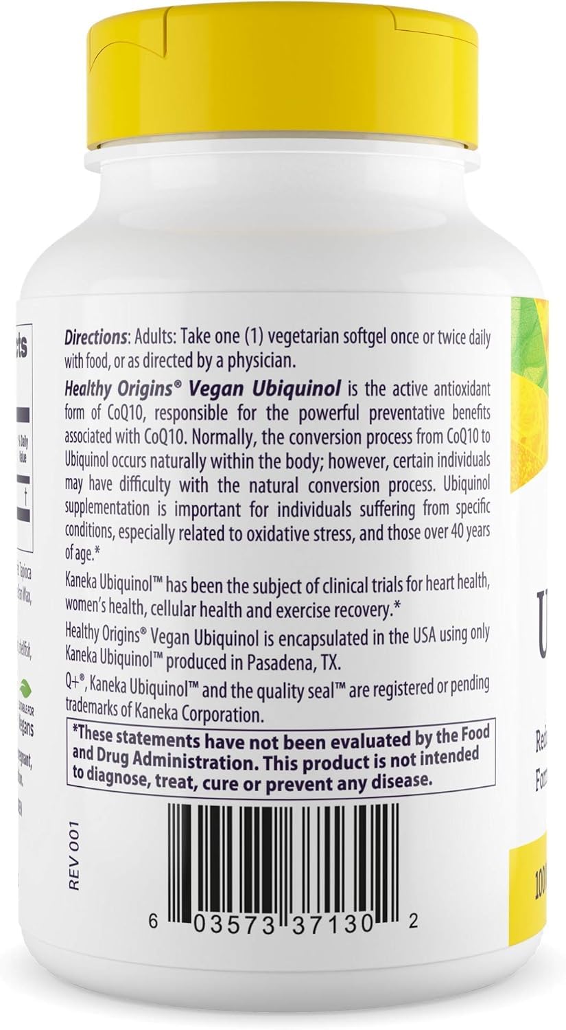 Healthy Origins Vegan Ubiquinol 100 mg softgels shown for daily use.
