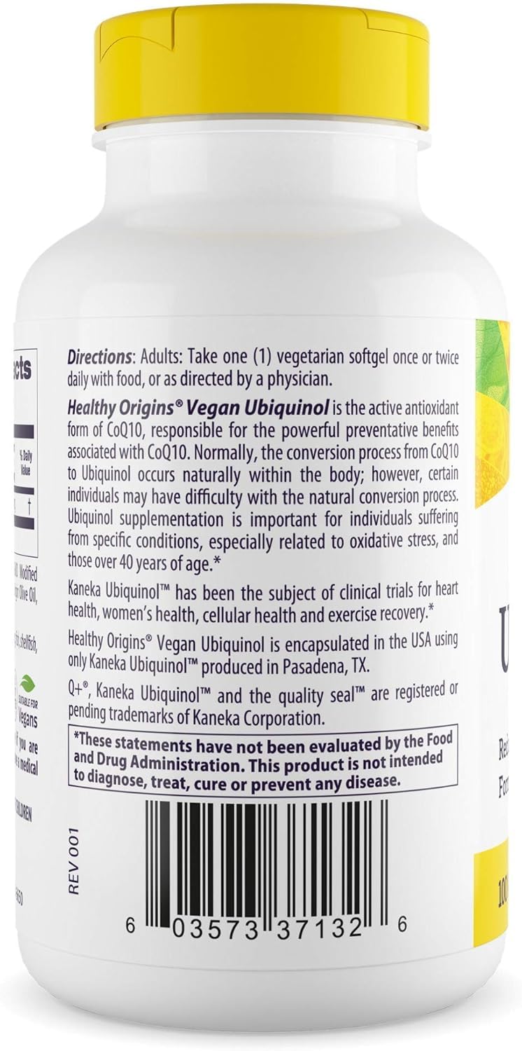 Small Vegan Ubiquinol softgels from Healthy Origins for easy daily dosing.