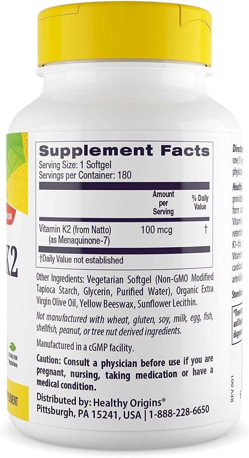 Healthy Origins Vitamin K2 bottle back view reveals dosage details and clear formula