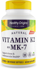 Healthy Origins Vitamin K2 bottle front emphasizes clean packaging and bone support potential