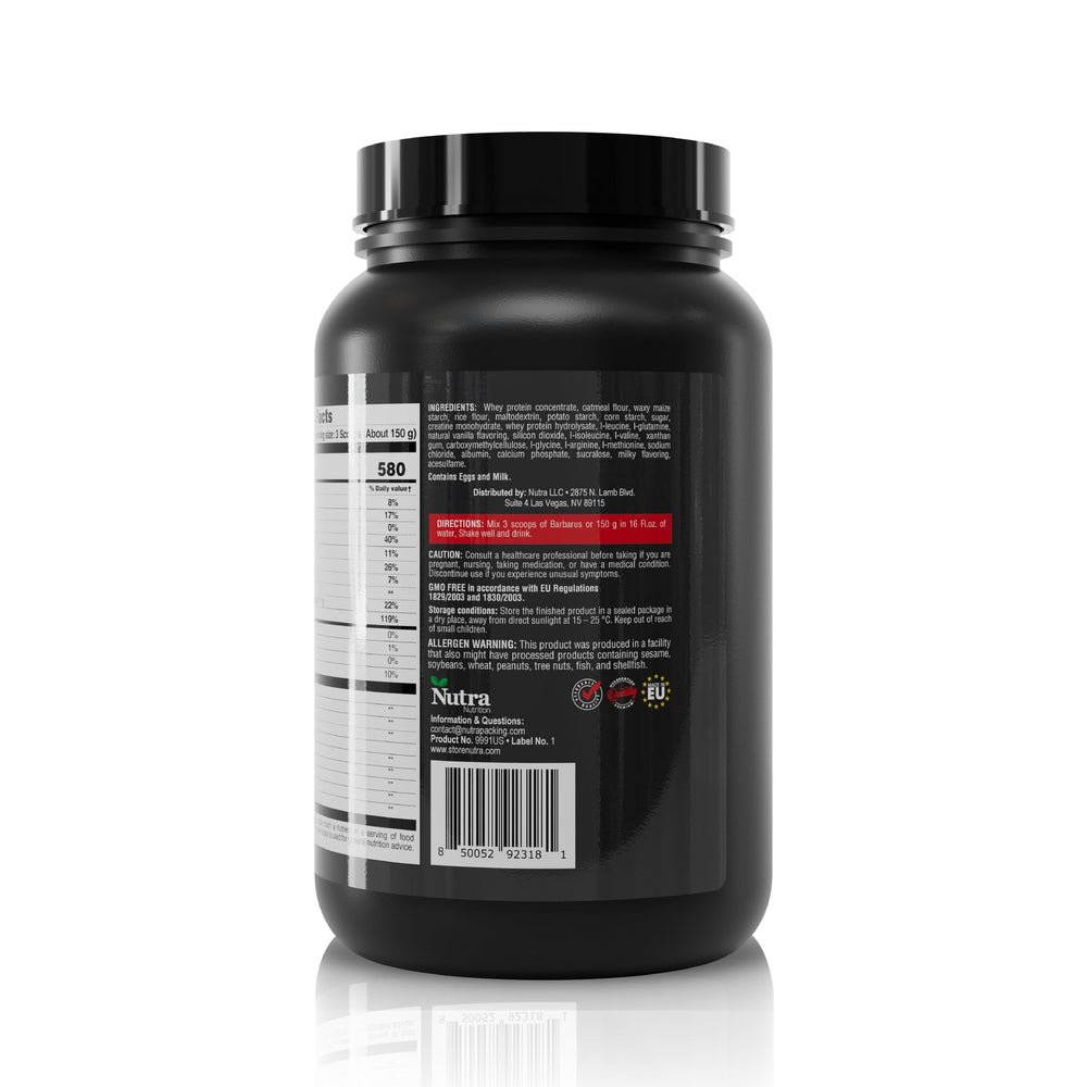 Barbarus vanilla nutrition info with six servings per container.