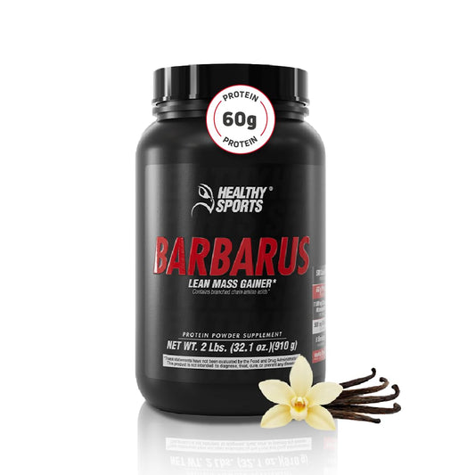 Healthy Sports Barbarus vanilla protein tub front for daily muscle support.