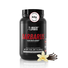Healthy Sports Barbarus vanilla protein tub front for daily muscle support.