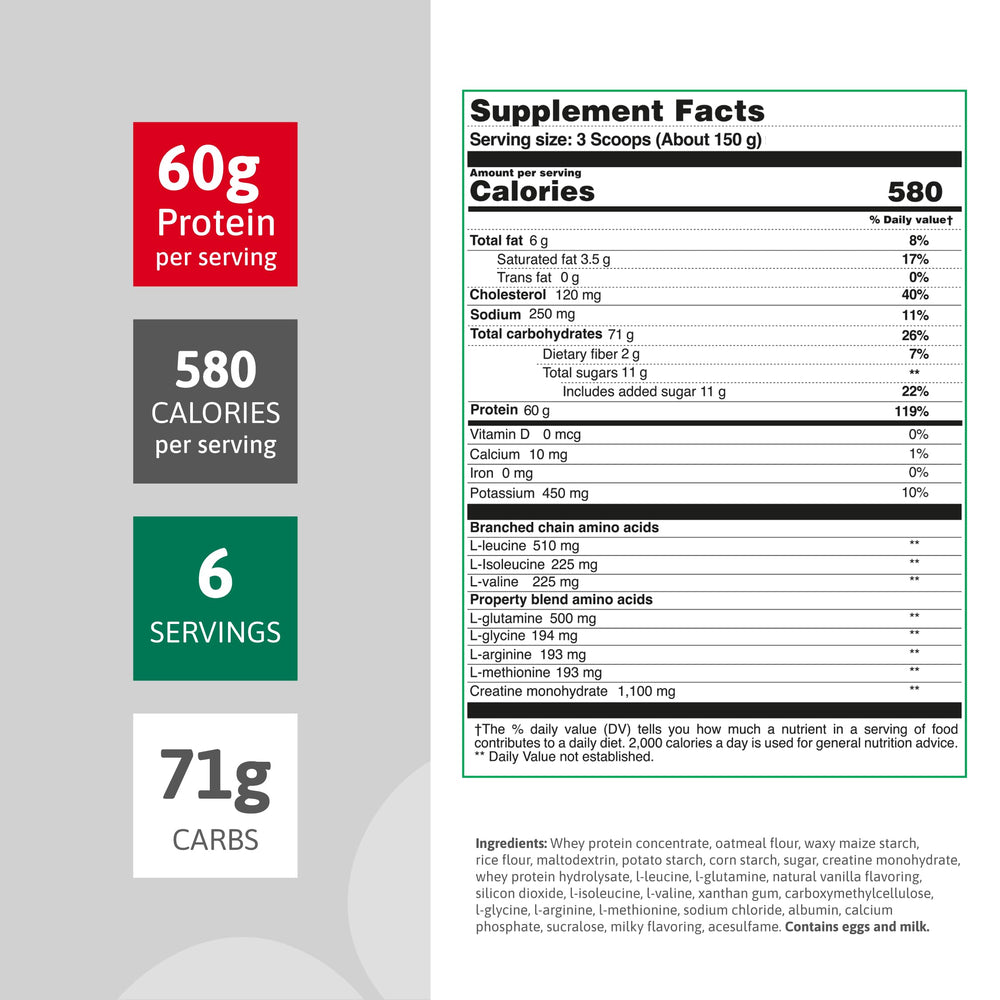 Barbarus vanilla protein tub side with nutrition label highlighting 60g protein.