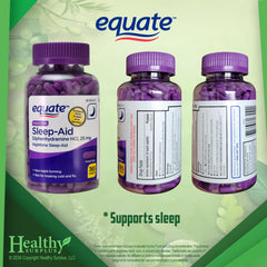 Close-up of Equate Sleep-Aid caplets showing dosage
