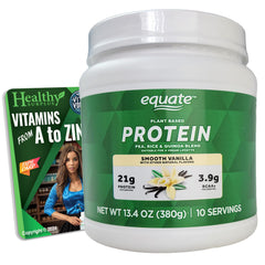 Healthy Surplus Equate Vanilla Pea Protein tub front view, plant-based vanilla protein ideal for smoothies
