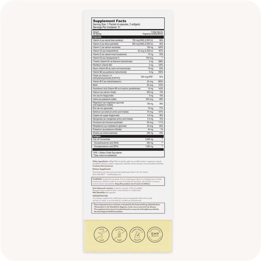 HealthyNest prenatal packaging illustrating trimester-specific nutrition for mom and baby.