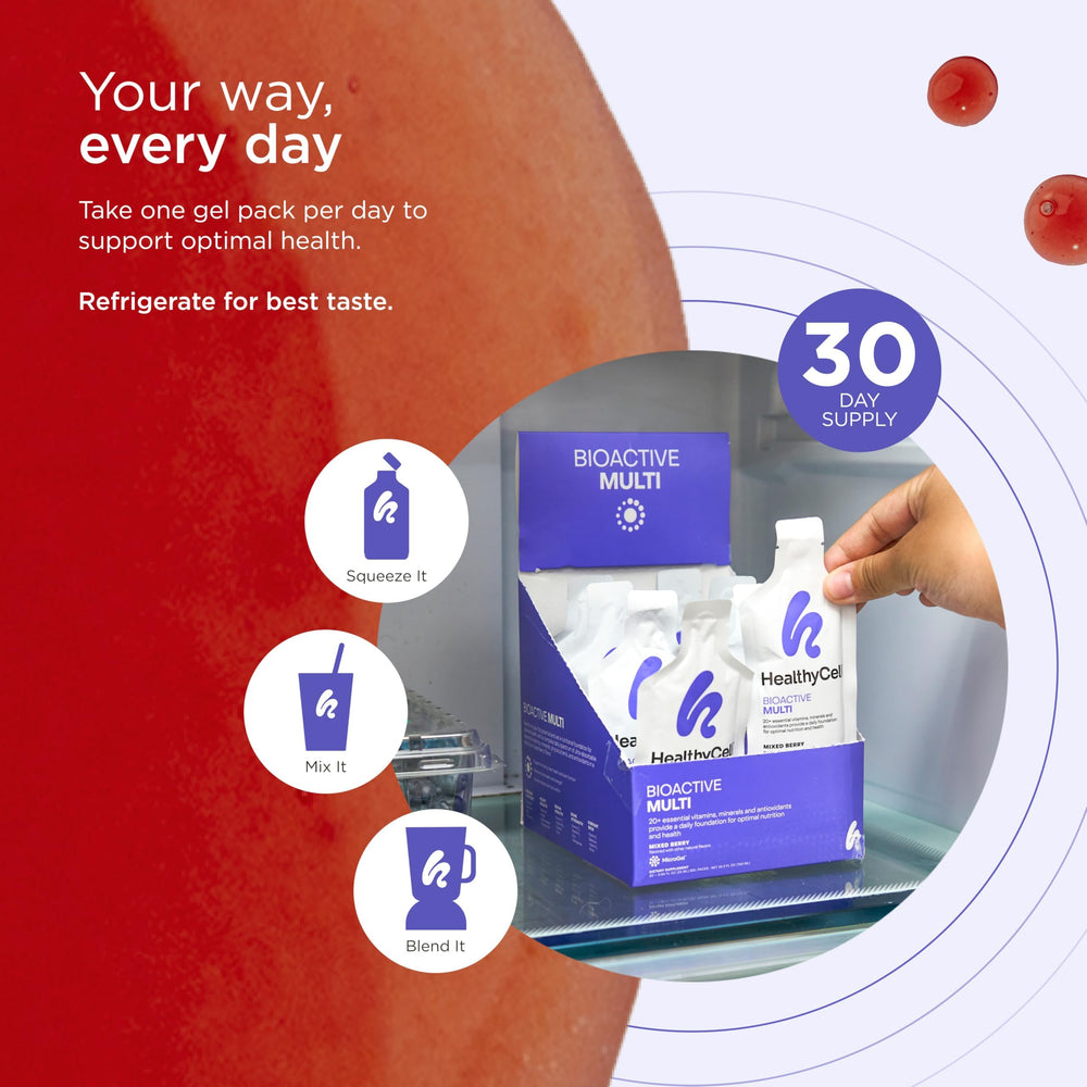 HealthyCell Bioactive Daily Gel Pack ready to mix with delicious berry flavor