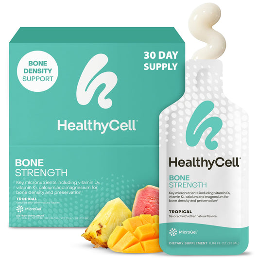 HealthyCell Bone Strength MicroGel packs provide easy daily bone support with tropical flavor.