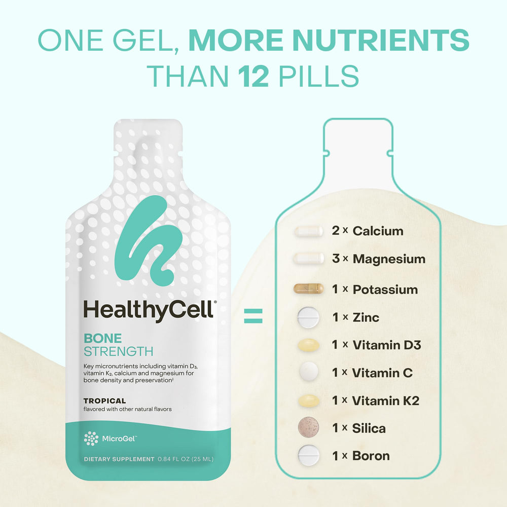 HealthyCell calcium magnesium vitamin D3 and K2 formula supports bone health.