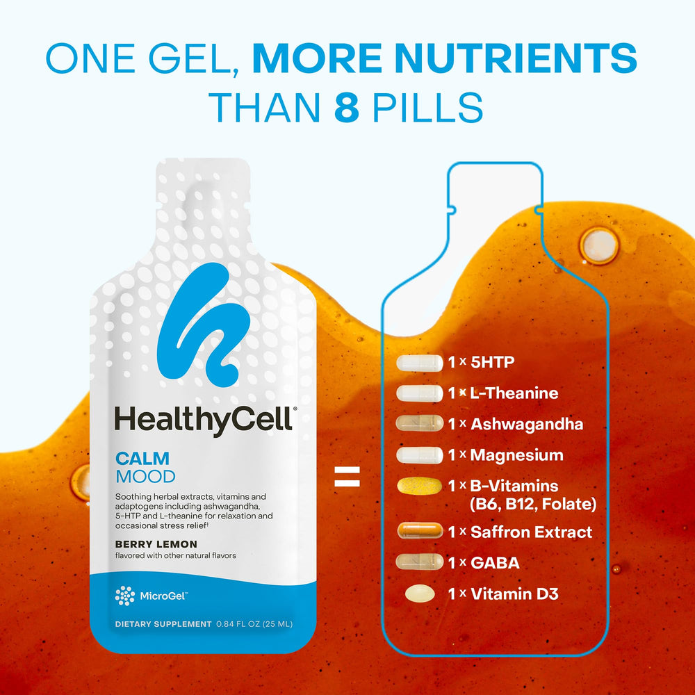 HealthyCell Calm MicroGel texture close-up emphasizes fast absorption.