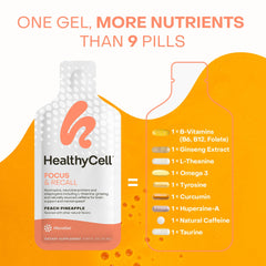 HealthyCell Focus & Recall gel packs shown on-the-go for travel and work.