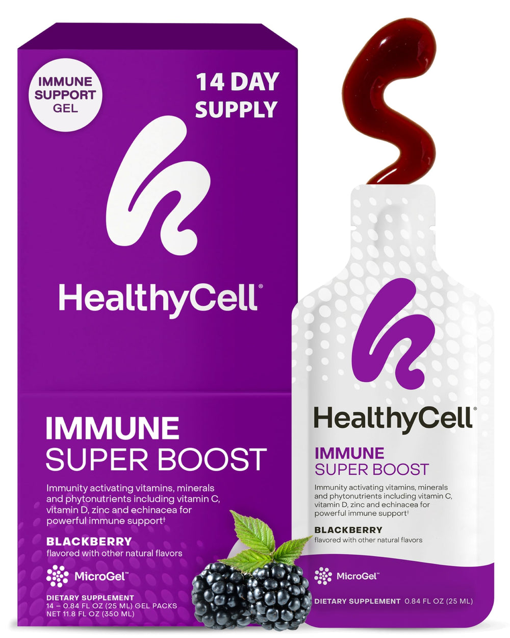 HealthyCell Immune Super Boost daily gel-pack close-up with berry flavor and fast absorption.