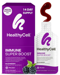 HealthyCell Immune Super Boost daily gel-pack close-up with berry flavor and fast absorption.