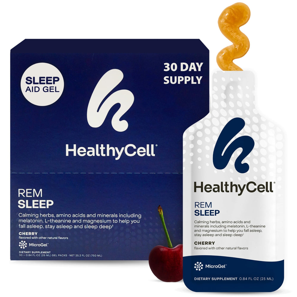 HealthyCell REM Sleep gel-pack in cherry flavor supports calm nights and easier sleep onset.
