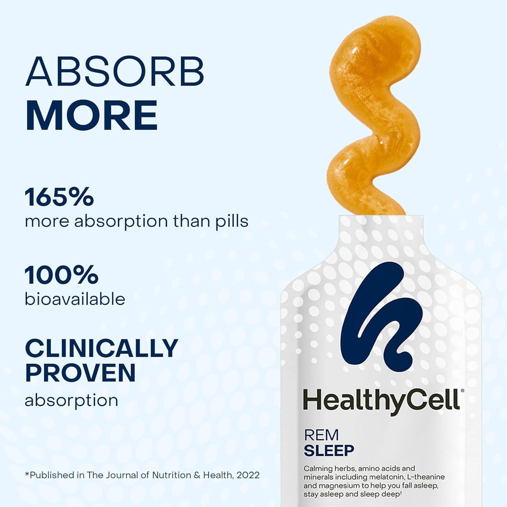 Healthycell REM Sleep lemon balm and GABA ingredients highlighted for relaxation.