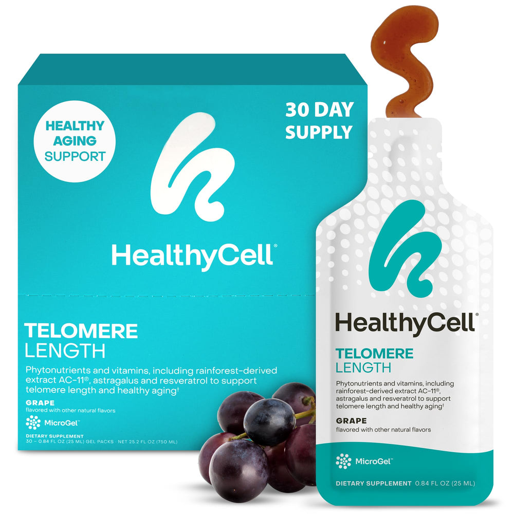 HealthyCell telomere microgel grape pack promotes daily cellular support and convenient flavor.
