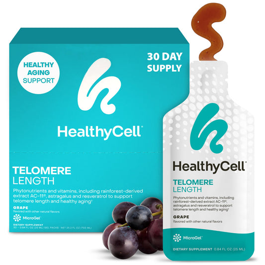 HealthyCell telomere microgel grape pack promotes daily cellular support and convenient flavor.