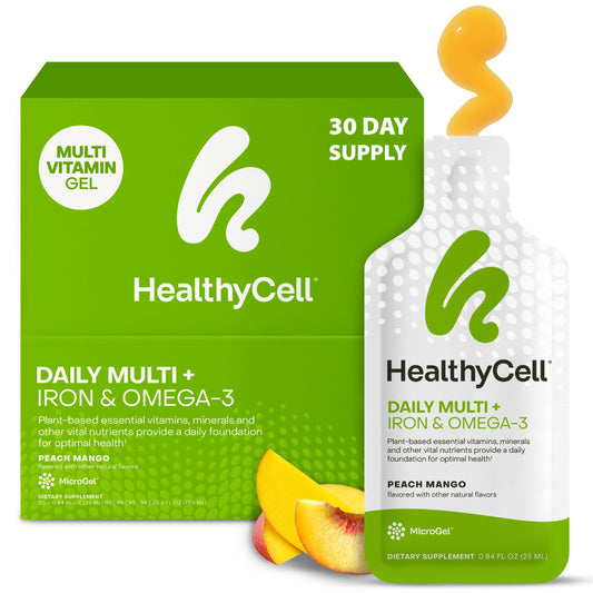 HealthyCell vegan daily multi microgel peach mango pack for convenient nutrition on the go.