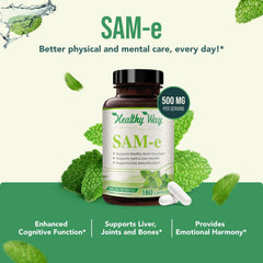 HealthyWayRx SAM-e capsules poured for daily mood routine.