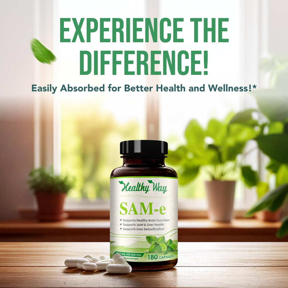 HealthyWayRx SAM-e capsules being poured from bottle.