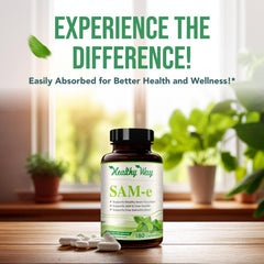 HealthyWayRx SAM-e capsules being poured from bottle.