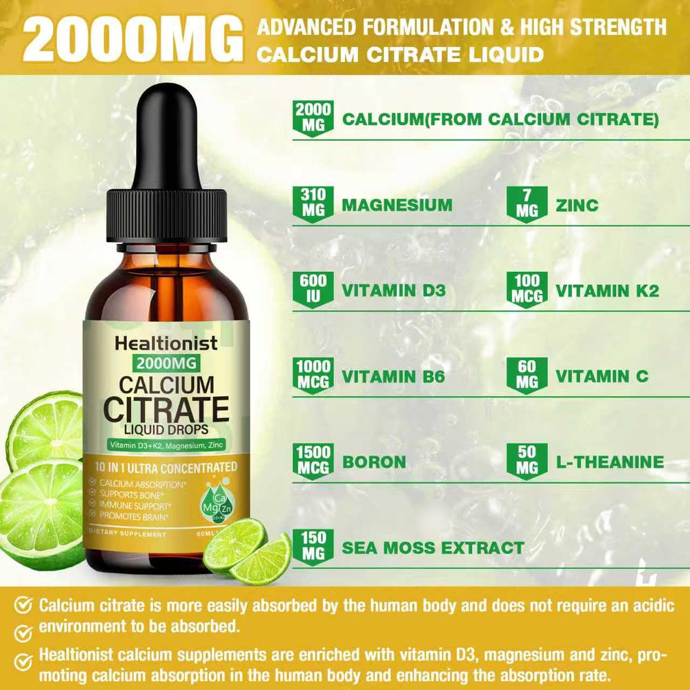 Healtionist calcium citrate drops label highlights vitamin D3 and K2 enrichment