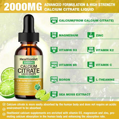 Healtionist calcium citrate drops label highlights vitamin D3 and K2 enrichment