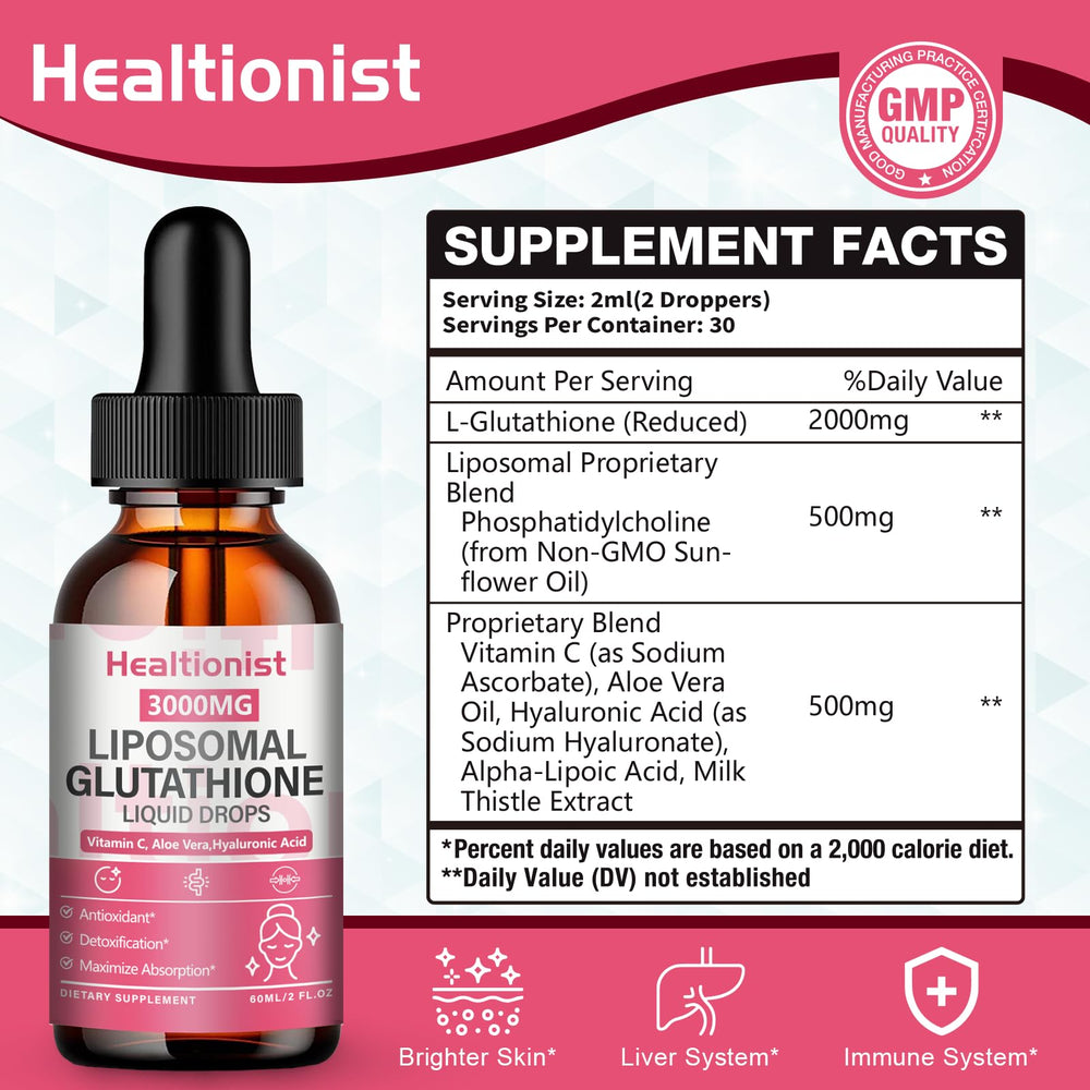 Healtionist glutathione drops being poured for convenient daily dosing.
