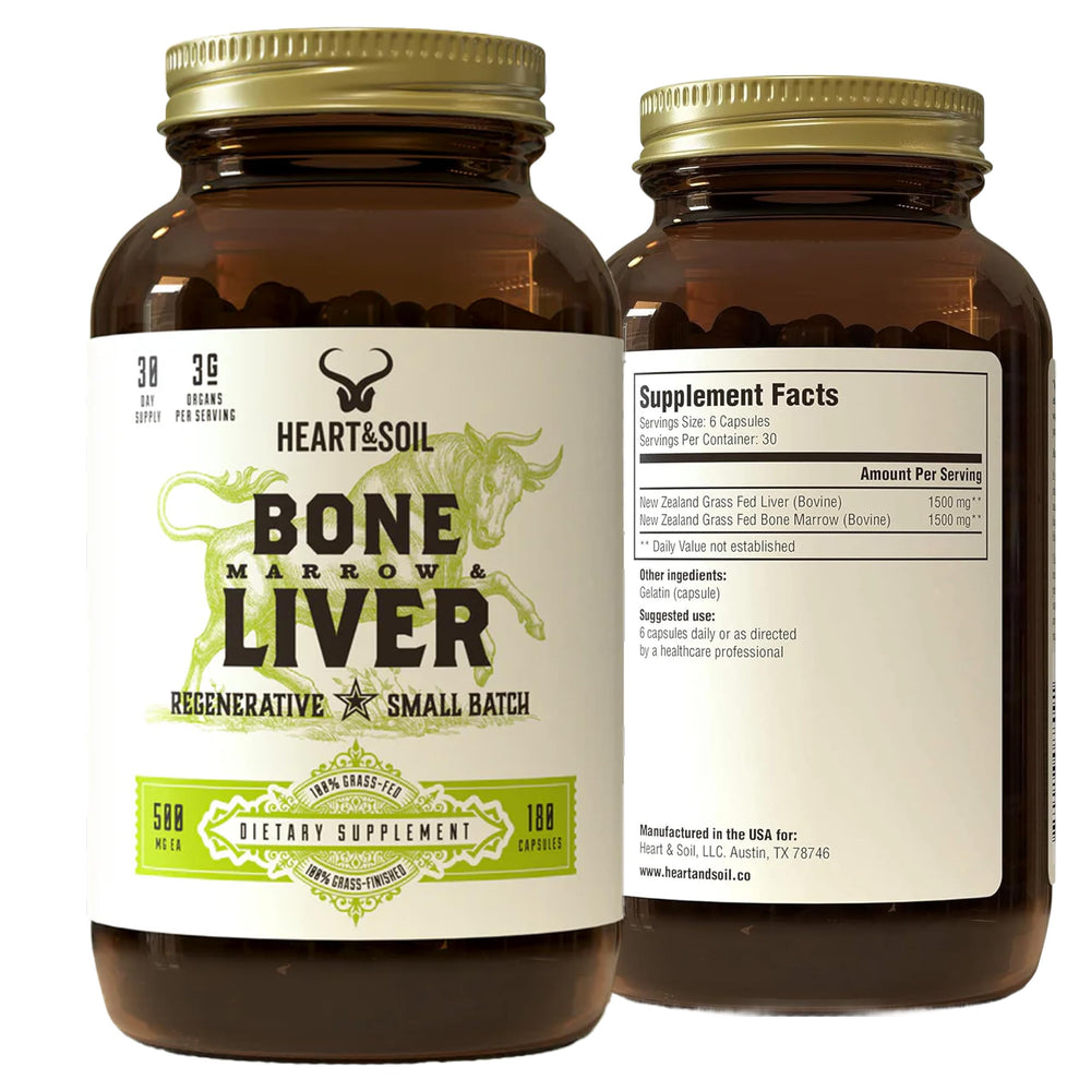 Heart & Soil bottle close-up showing capsules for joint and tissue support.