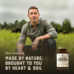Heart & Soil bottle with ingredients panel showing 3000 mg colostrum