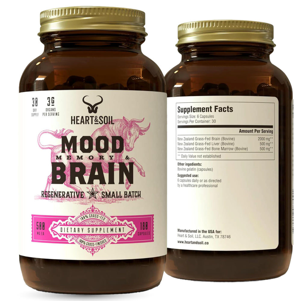 Heart & Soil brain supplement bottle close-up for focus and memory support
