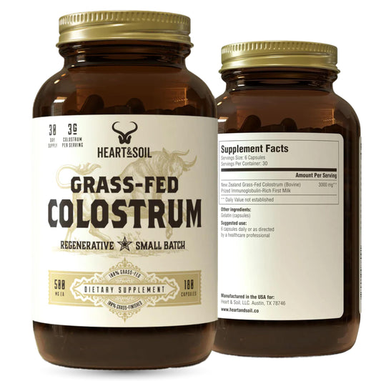 Heart & Soil colostrum capsules bottle front view for gut health and immune support
