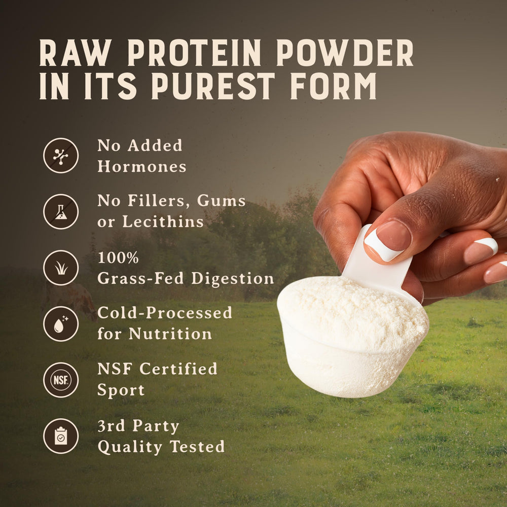 HEART & SOIL 24g protein per serving shown with scoop.