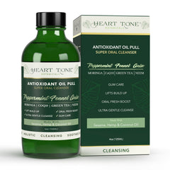Heart Tone Botanicals antioxidant oil pulling bottle highlights a plant-based mouth care ritual for fresher breath.